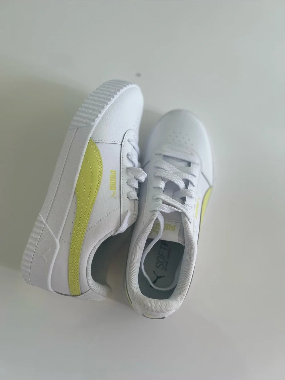 Puma Carina White Sneakers with Neon yellow Stripe